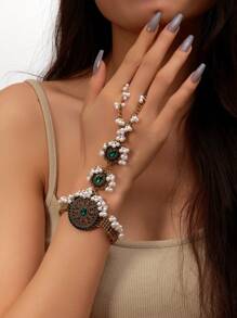 1pc Vintage Style Tasseled Ring Bracelet, Metal Handmade Coin & Rhinestone Encrusted Ring Chain