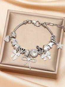 1pc Women's Versatile Beaded Bow Adjustable Bracelet, European & American Style - Silver - View 12