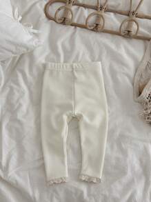 Newborn Baby Girls Solid Color Lace Trim Elastic Leggings, Spring/Autumn - Beige - View 7