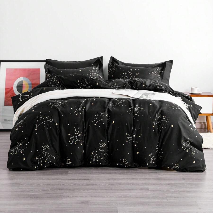 Black Microfiber Comforter Set – Starry Night Pattern, Soft And Wrinkle-Free - màu đen - Xem 1