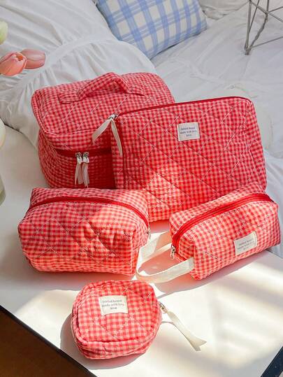 Large Capacity Home Storage Organizer Set, Includes Zipper Closure Portable Travel Toiletry Bag, Classic Red Plaid Cosmetic Bag, Soft Quilted Handbag, Fashion Color Block Makeup Bag, Mini Square Sanitary Napkin Pouch, Multi-Function Home Storage Bag, Women Cosmetic Bag, Travel Makeup Bag, Ideal Gift For Valentine's Day, Christmas, Thanksgiving, Bridesmaid Wedding