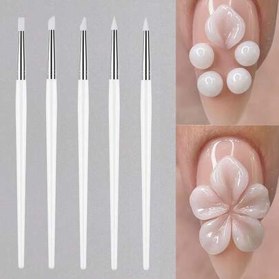 5pcs Transparent Double-Ended Rhinestone Nail Art Silicone Sculpting Pen, Suitable For Acrylic 3D Flower Carving, Nail Decoration Tools