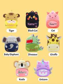 1pc Customized Embroidered Name Backpack, Personalized Embroidered Name School Bag, Birthday Gift, Dinosaur, Tiger, Koala, Cat, Giraffe, Unicorn, Elephant - Embroidered Name + Icon - View 5