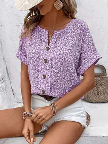 Plus Size Women's Elegant Ditsy Floral Short Sleeve Button Up Top, Comfortable Casual T-Shirt Blouse, Spring/Summer/Autumn - 紫色 - 查看 4