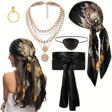 Conjunto de 5 acessórios para fantasia de pirata para mulheres, lenço de cabeça de pirata, faixa de pirata, colar, tapa-olho e brinco para cosplay, dramatização de pirata, baile de Halloween