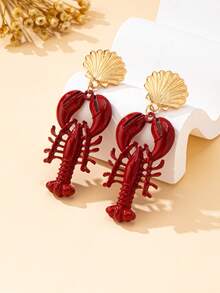 1 对女士龙虾壳耳环，适合日常佩戴和度假 - 紅色 - 查看 2