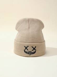 Bonnet tricoté unisexe avec expression mignonne/maléfique brodée, polyvalent