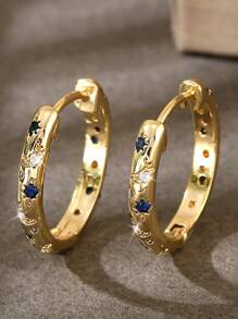 Summer 14K Gold Plated Star Shine Hoop Earrings For Women Cubic Zirconia Celestial Chunky Hoops Earrings Gold Earrings For Women Fashion Accessories Graduation Gift Fall Earring Christmas Earring