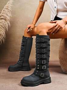 Women's Black New Solid Color Punk Style Fashion Comfortable Rivet Buckle Accessory, Fashion & Comfortable Outdoor Casual Spring/Autumn Zipper Non-Slip Thick Bottom Chelsea Boots,Party - Black - View 3