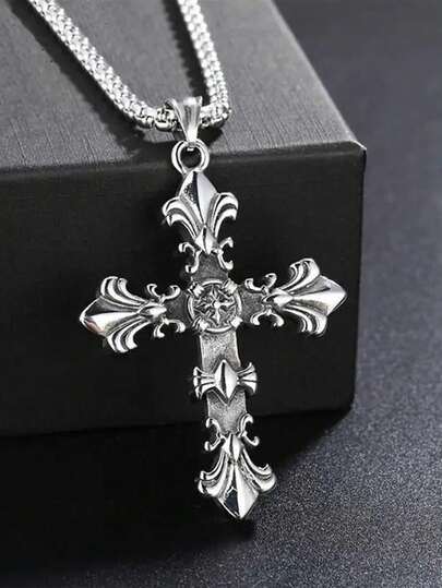 1pc European And American Cross Pendant Necklace, Retro Style Jewelry, Non-Fading Men's Fashionable Summer Necklace For Both Genders, Hip-Hop Designed Sweater Chain Pendant, Apparel Accessory For Gifts Or Wholesale, Suitable For Daily Wear For Men