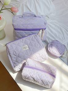 大容量家居收纳整理套装，包含拉链便携旅行洗漱包、经典紫色格子化妆包、柔软绗缝手提包、时尚撞色带提手化妆包、迷你方形卫生巾收纳袋、多功能家居收纳包、女士化妆包、旅行化妆包，是情人节、圣诞节、感恩节、伴娘婚礼的理想礼物。 - 紫色 - 查看 7