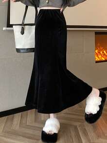 2件套羊毛加厚天鹅绒鱼尾裙，松紧腰，中长款，女士秋冬 - 黑色 - 查看 3