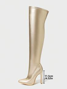 女士尖头过膝高跟紧身靴，绒面面料侧拉链大腿高弹力靴，金色长靴，秋冬 - 金色 - 查看 5