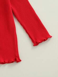 2 Pcs Infant Valentines Day Outfits, Girls Ribbed Long Sleeve High Collar Pullover + Love Print Suspender Skirt - Rojo - Ver 6