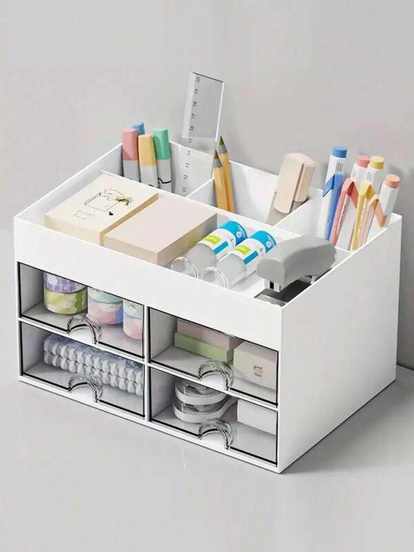 Organizador de mesa com compartimentos para acessórios, gavetas práticas para uma organização perfeita da mesa, caixa de armazenamento multifuncional para artigos de papelaria e material de escritório, cosméticos, porta-canetas e material escolar.