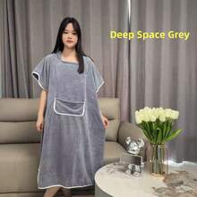 1pc Solid Color Hooded Robe Poncho, Minimalist Plush Hooded Bathrobes For Changing, Beach, Surfing, Swimming, Thickened Warm Adult Beach Poncho With Drawstring - Light Blue - View 6