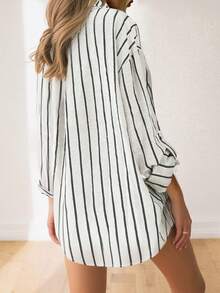 Camisa de manga larga con botones y rayas para mujer de talla grande, ropa de otoño - Blanco y Negro - Ver 3