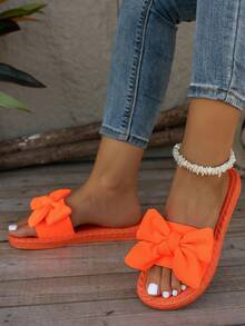 女士平底亚麻凉鞋，蝴蝶结一脚蹬夏季橙色舒适拖鞋，经典圆头，夏季可爱波西米亚风格