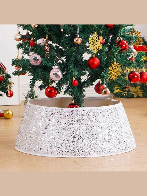 1pc Gold Christmas Tree Collar, Sparkling Christmas Tree Skirt, Christmas Tree Collar, Embroidered Velvet Bark Collar, Sparkling Christmas Tree Base, Glitter Tree Blanket Collar For Christmas Eve Party, Home Decor, Christmas Tree Skirt, Christmas Ornaments, Sparkling Christmas Tree Ring, Rustic Sparkling Sequin Tree Basket For Christmas Family Gathering. Christmas Decorations Room Decor Winter