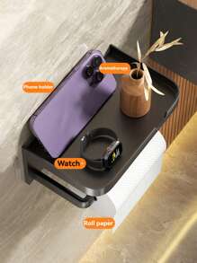 黑色厕纸架，带支架，浴室厕纸架带手机支架，纸巾架，适用于浴室/厨房，无需钻孔，浴室配件，浴室工具