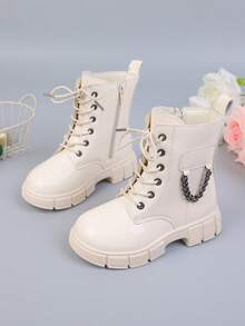 新款圆头儿童靴子休闲复古平底女童短靴防滑耐磨靴子女孩学生朋克靴 - 米色 - 查看 2