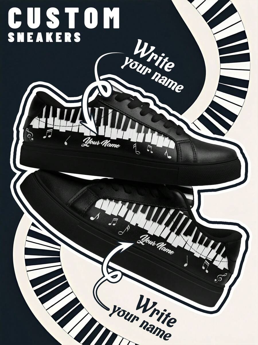 [Music Festival Theme]Men's Custom Name Lightweight Low-Top Sneakers, PU Leather Panel Shoes, Piano Keyboard Print, Unisex All-Season Casual Wear - Multicolor - View 1