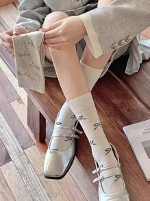 5 أزواج (شحن عشوائي) جوارب نسائية عصرية ، جوارب متوسطة الساق مع زخرفة فيونكة رقيقة ، متعدد الاستخدامات لجميع المواسم