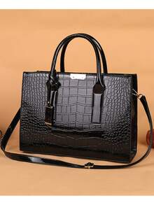 New Crocodile Embossed Handheld Tote Bag With Accessories - Black - View 11