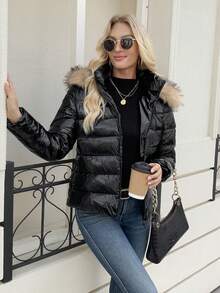 女士优雅连帽夹克，短款拉链毛领外套，日常冬季保暖穿着，黑色绗缝开衫 - 黑色 - 查看 5