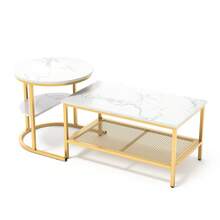 2er-Set Couchtische mit Stauraum – Moderne runde und rechteckige Marmoroptik – Metallrahmen – Beistelltische für Wohnzimmer/Balkon – Gold