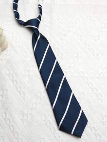 1 件海军蓝条纹弹性无领带，休闲日常穿着，适合 JK 校园风格和街头服饰