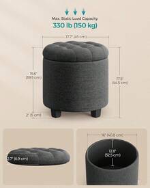 Round Ottoman, Ottoman With Storage, 17.7 Dia. X 17.5 H Inches Foot Rest With Legs, Load Up To 330 Lb, For Living Room, Bedroom, Dark Gray ULOM011G01,8059559 - 藕粉色 - 查看 6