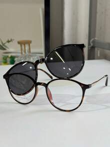 Women's Clip-On 2 In 1 Round Small Size Polarized Lens Eyeglasses Frame PZ948 - Chocolate Brown - View 3