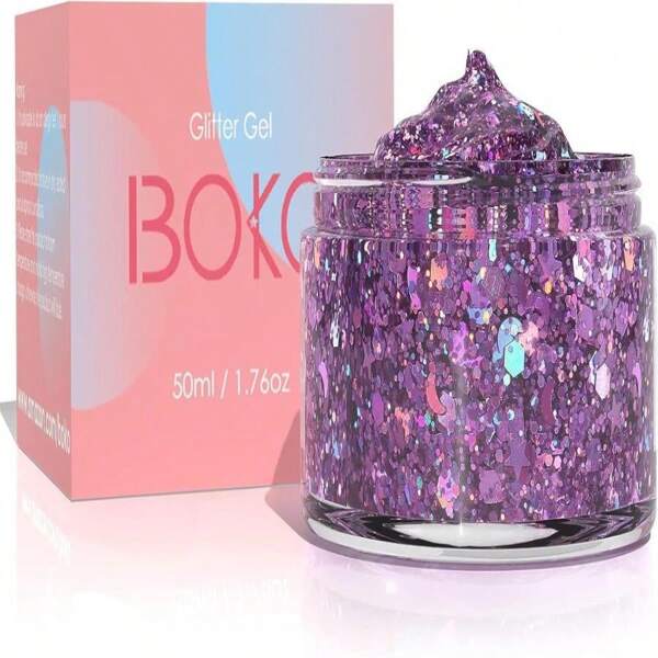 Boko 176oz Body Glitter Gel, Iridescent Purple Chunky Glitter Gel Mermaid Sequins For Face Hair Body Glitter Makeup, Face Glitter For Christmas Festival Party Concert Rave Accessories