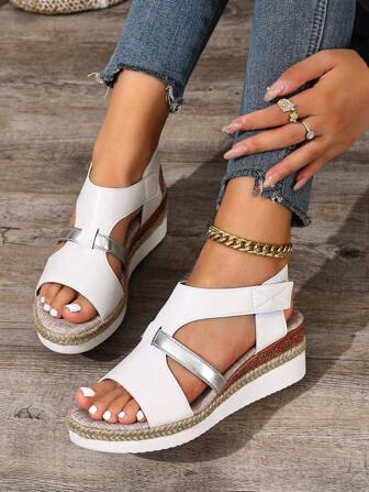 Casual Elegant Linen Rope Sole Platform Open Toe Hook And Loop Strap Roman Style Women Sandals