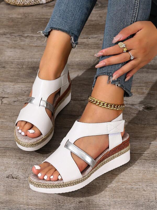 Sandali da donna stile romano, con suola in corda di lino, piattaforma casual ed elegante, con cinturini a strappo e punta aperta