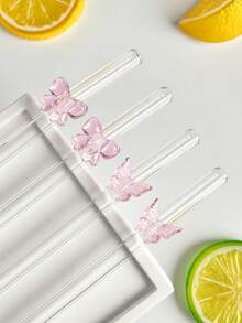 1/2/4Pcs Reusable Glass Straws With Pink Butterfly/Bow Shapes, Shatter Resistant And Heat-Resistant Glass Drinking Straws With Cleaning Brushes, For Cold Drinks, Milk Tea, Coffee, Juice, Smoothies, Kitchens, Restaurants, Cocktail Parties, Back-To-School, Girlfriends/Boyfriends, Parents, Friends, Holiday Supplies,New Year, Valentine's Day. - Pink - View 7