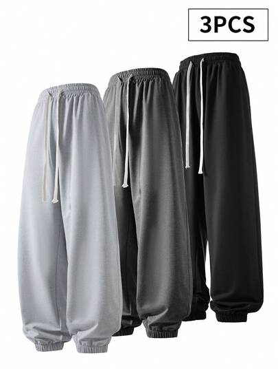 3 piezas Pantalones de chándal casuales talla grande, pantalones jogger con ajuste holgado y cordón