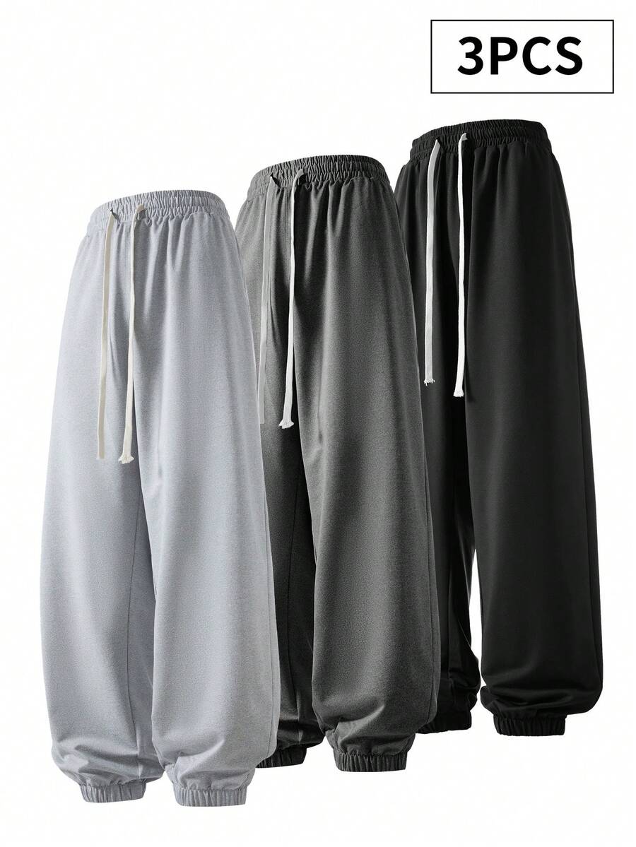 3 piezas Pantalones de chándal casuales talla grande, pantalones jogger con ajuste holgado y cordón - Multicolor - Ver 1