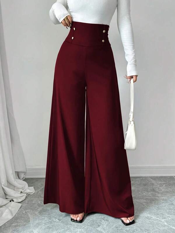 Pantalones anchos de cintura alta de unicolor, casuales, versátiles y de moda para mujeres