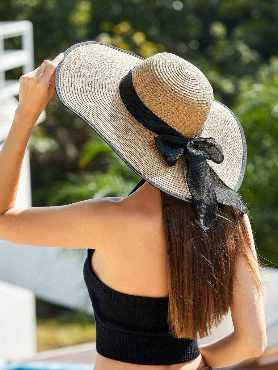 Sombrero de ala ancha para mujeres Sombrero de paja cómodo y elegante con lazo sombrero de playa de verano proteccion solar moda - Negro - Ver 1