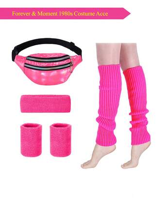 Forever & Moment 4 件 20 世纪 80 年代服装配饰套装，适合女士霓虹头带腕带腰包腿套瑜伽运动舞台表演化妆舞会节日礼物、万圣节