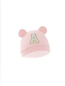 1 pieza Gorro para bebé recién nacido, estampado de unicolor, diseño con orejas, cálido y protector, accesorio casual y lindo, adecuado para actividades al aire libre - Rosa - Ver 5