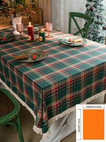 1pc Green Plaid Woven Tablecloth, Vintage American Style With Tassels, Rectangular For Dining Table, Coffee Table, TV Stand, Bedside Cabinet, Suitable For Christmas Holiday Family Gathering Party Decor, Creates Festive Atmosphere - Green - View 14