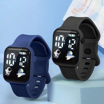 2件/1件套装，宇航员风格LED屏幕手表，青少年学生适用，休闲运动电子手表，适合日常生活和返校季佩戴。