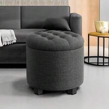 Round Ottoman, Ottoman With Storage, 17.7 Dia. X 17.5 H Inches Foot Rest With Legs, Load Up To 330 Lb, For Living Room, Bedroom, Dark Gray ULOM011G01,8059559 - 藕粉色 - 查看 1