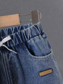 2 Piece Set Young Boy Casual Striped Print Zip Polo Shirt And Denim Pant Suit, Suitable For Sports, Daily Wear, School, Outdoor Activities In Spring And Autumn