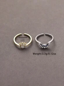 1 Pair Fashionable Rhinestone Star & Moon Design Stackable Copper Rings, Suitable For Women Casual, Dating, Valentine's Day, Wedding, Birthday Gifts - Sun and Moon Ring - View 3