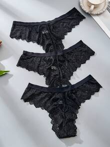 FOVTY 3 piezas Bragas de mujer con encaje, parches, diseño de mariposa y plumas, sexy y encantador, tanga negra - Negro - Ver 3