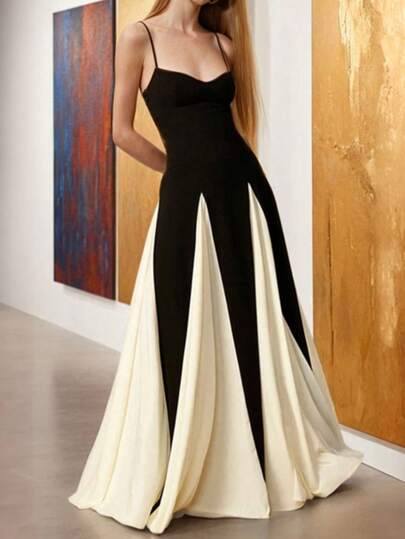 Vestido de mujer de estilo francés chic, ajustado, de escote bajo y sexy con tirantes finos, diseño de bloques de color negro y blanco, cintura ceñida, adecuado para citas, vacaciones, cenas formales, fiestas de cumpleaños, falda larga y acampanada de largo maxi